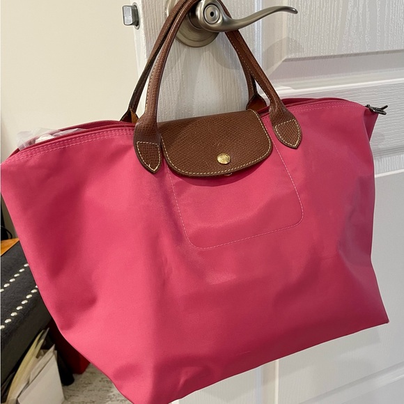 Longchamp Handbags - Longchamp Pink Nylon Tote Bag with Brown Leather Accents